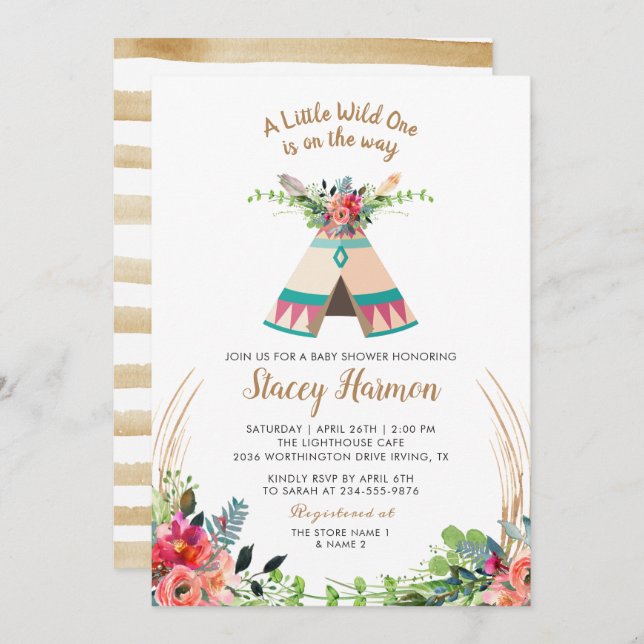 Invitación Boho Tribal Wild One Rustic Floral Baby Shower (Anverso / Reverso)