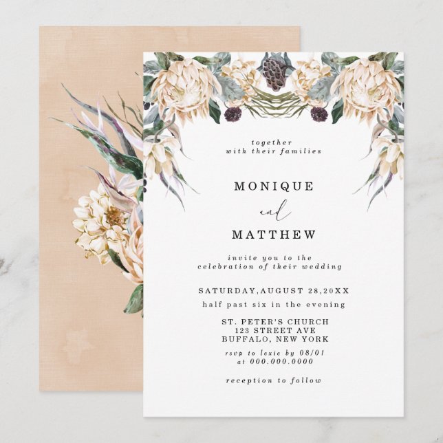 Invitación Boho Tropical Boda Floral de Protea Blanca (Anverso / Reverso)