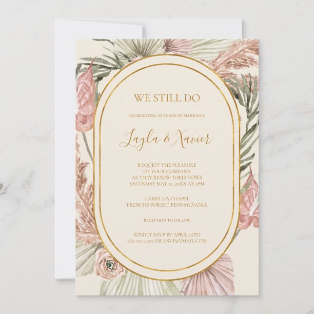 Invitación Boho Tropical Botanical Ivory Seguimos Renovando (Anverso)