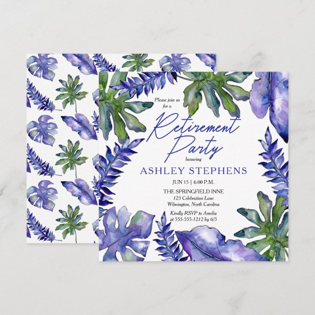 Invitación Boho Tropical Deja Fiesta de Jubilación Verde Mora (Anverso / Reverso)