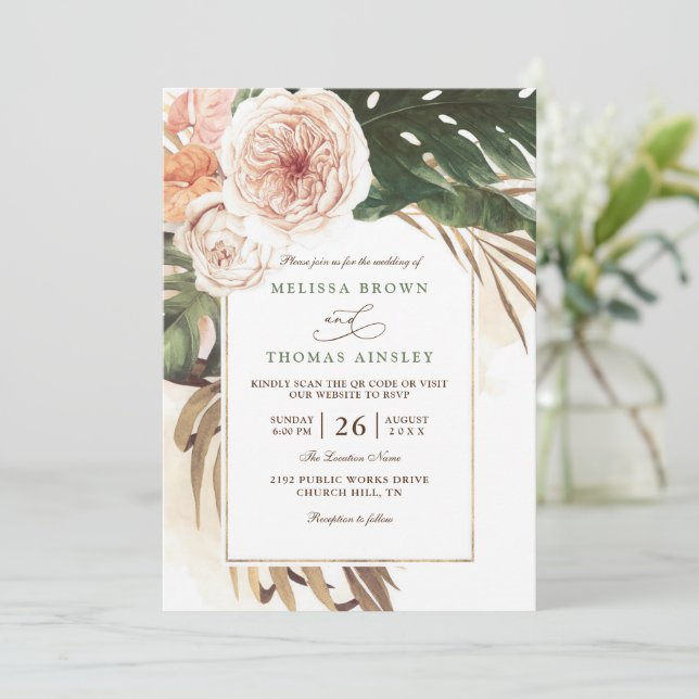 Invitación Boho Tropical Floral Desert Chic QR Code Wedding (Anverso de pie)
