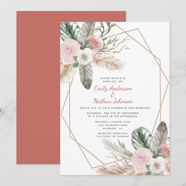 Invitación Boho Tropical Floral Feathers Pampas Grasa (Anverso / Reverso)