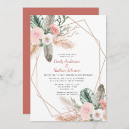 Invitación Boho Tropical Floral Feathers Pampas Grasa