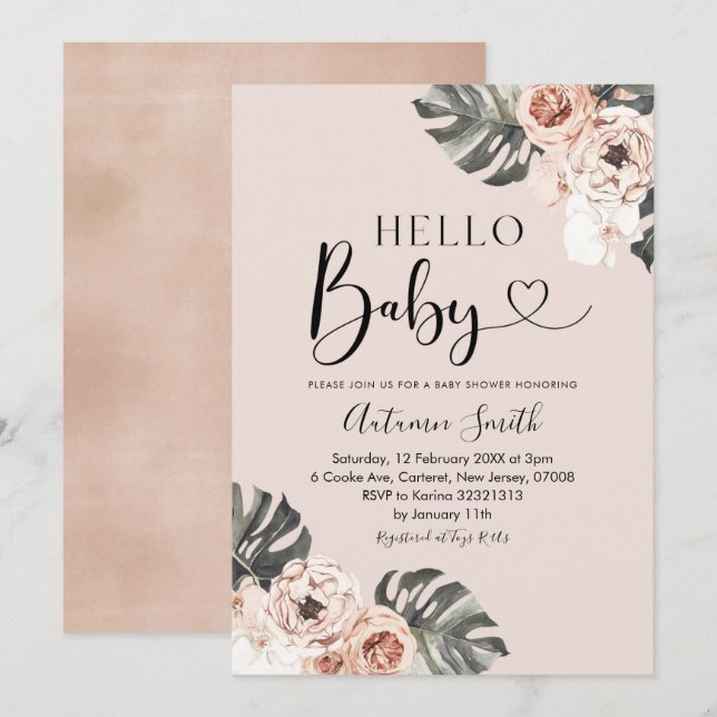 Invitación Boho tropical Floral Hola bebé Baby Shower (Anverso / Reverso)