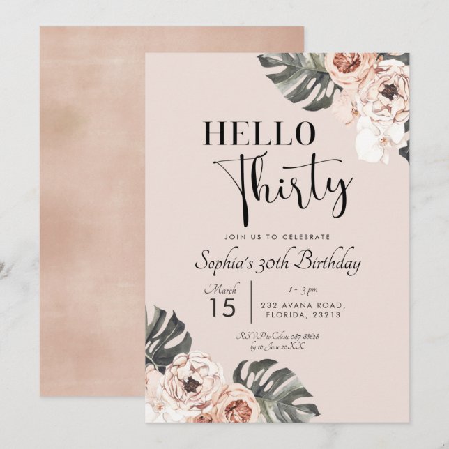 Invitación Boho tropical Floral Hola Treinta Cumpleaños (Anverso / Reverso)