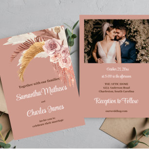 Invitación Boho Tropical Floral Terracotta Foto Boda Caída