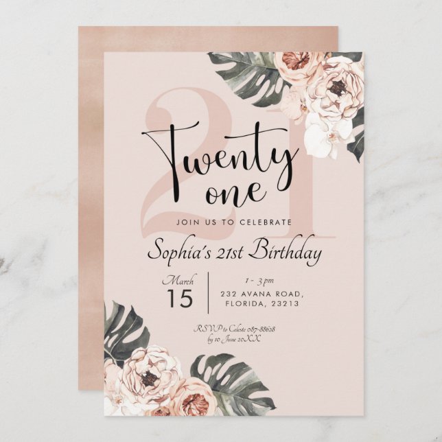 Invitación Boho tropical Floral Veintiún cumpleaños (Anverso / Reverso)