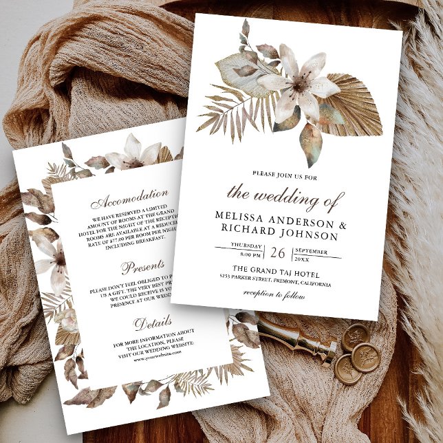 Invitación Boho Tropical Flores de Palma Secas Floral Todo en (Subido por el creador)