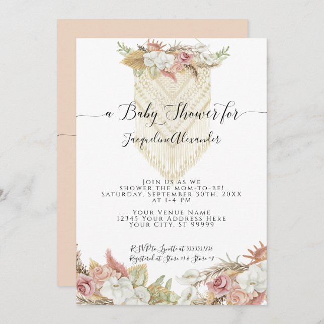 Invitación Boho Tropical Pampas Grass Floral Chica Baby Showe (Anverso / Reverso)