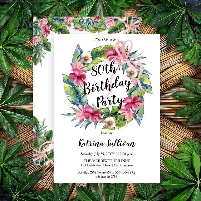 Invitación Boho Tropical Pink Floral 80ª fiesta de cumpleaños (Boho Pink Hibiscus and Tropical Leaves with Pink Coquette Bow 80th Birthday Party Invitation)