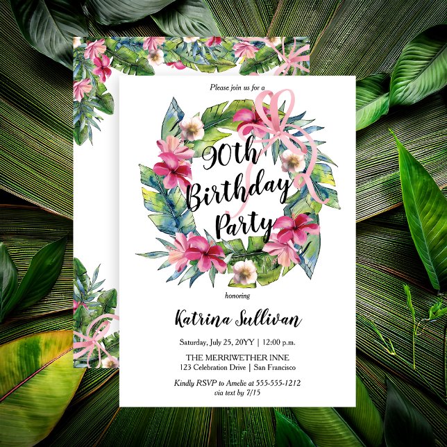 Invitación Boho Tropical Pink Floral 90 cumpleaños (Boho Pink Hibiscus and Tropical Leaves with Pink Coquette Bow 90th Birthday Party Invitation)