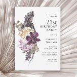 Invitación Boho Tropical Purple Parrot 21 Fiesta de cumpleaño<br><div class="desc">Una invitación a la fiesta de cumpleaños 21 de color boho tropical floral floral con una rica paleta de colores en violeta, ciruela, beige (blanquecino) y verde. Un gran y hermoso loro morado se asienta sobre un lujoso ramo de flores tropicales exóticas. La combinación de colores es perfecta para eventos...</div>