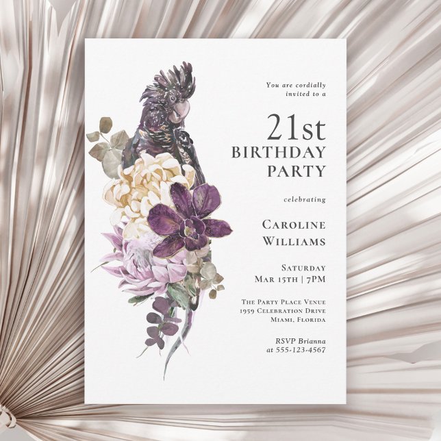 Invitación Boho Tropical Purple Parrot 21 Fiesta de cumpleaño (Available in both printed and instant download digital format.)