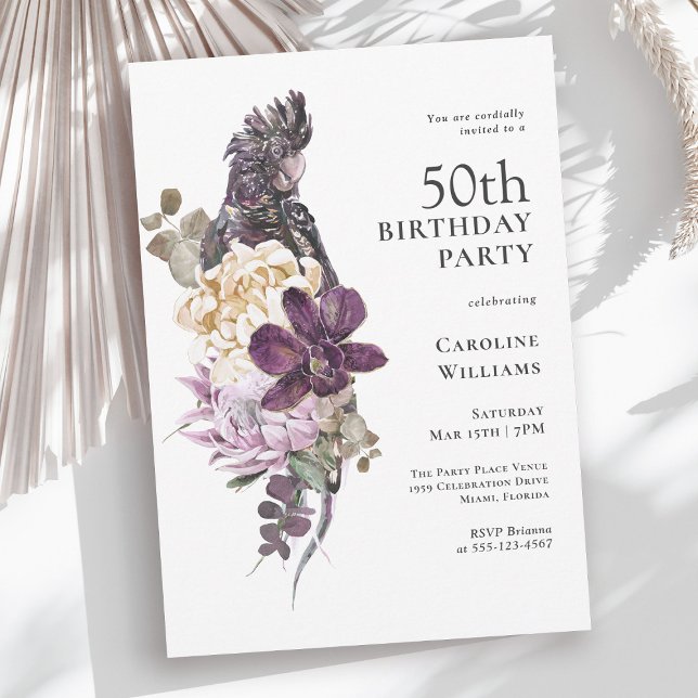 Invitación Boho Tropical Purple Parrot 50 cumpleaños (Available in both printed and paperless instant download formats.)
