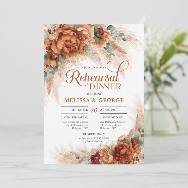 Invitación Boho tropical terracota floral pampas eucaliptus (Anverso de pie)