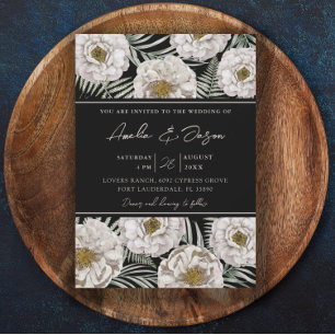 Invitación Boho Tropical White Floral & Black Wedding