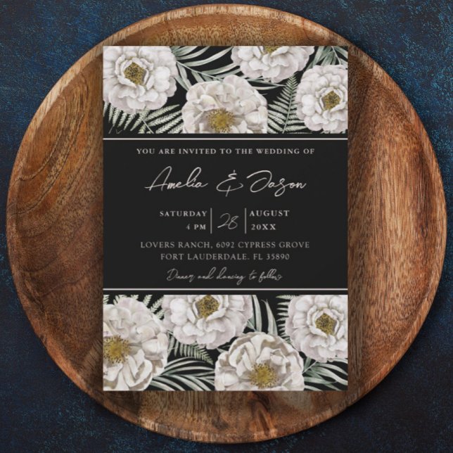 Invitación Boho Tropical White Floral & Black Wedding  (Subido por el creador)