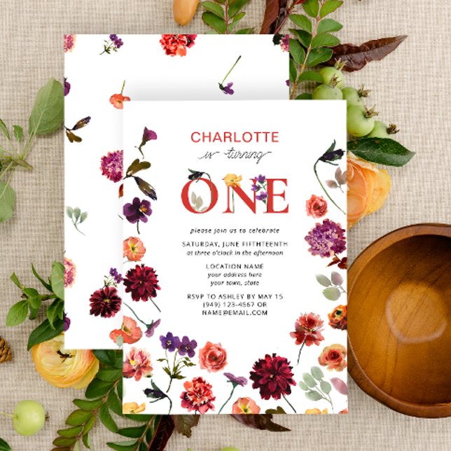 Invitación Boho Turning One First Birthday Floral Watercolor (1st Birthday Invitation)