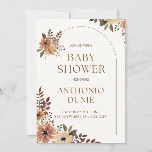 Invitación boho Turquoise Fall Autumn Floral Chica Baby Showe (Anverso)