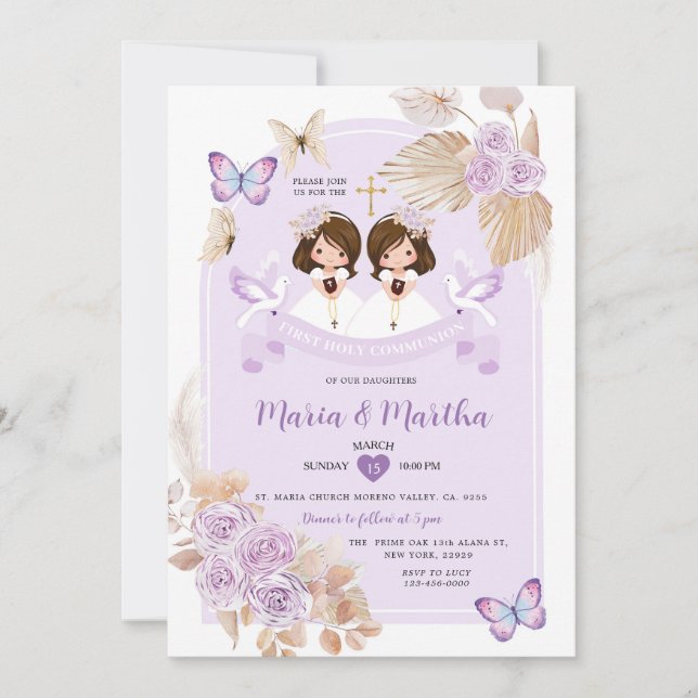 Invitación Boho TWIN Chica Primero Santo Comunión Flores Púrp (Anverso)