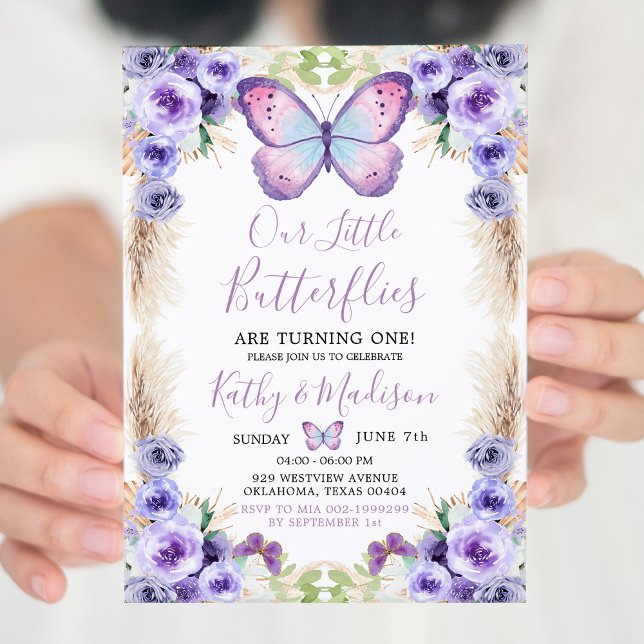 Invitación Boho Twin Purple Butterfly primer cumpleaños Flora (Subido por el creador)