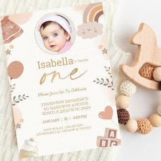 Invitación Boho Un Año Chicas Foto Fiesta de cumpleaños
