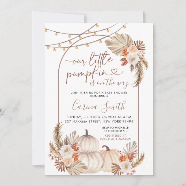 Invitación Boho Un Pequeño Calabaza Está En Camino De Baby Sh (Anverso)
