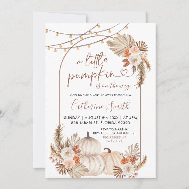 Invitación Boho Un Pequeño Calabaza Está En Camino De Baby Sh (Anverso)
