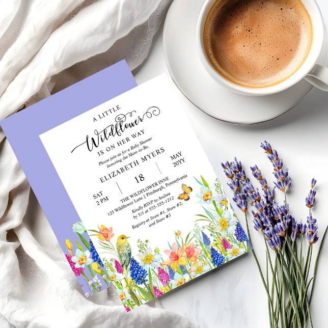 Invitación Boho Un Pequeño Chica Floral Baby Shower ("A Little Wildflower Is On Her Way" Wildflowers, Bird and Butterfly Baby Shower Invitation )