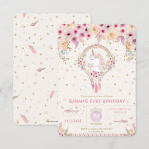 Invitación Boho Unicornio Chica Floral de Cumpleaños 21