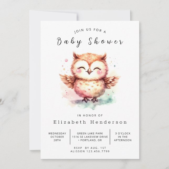 Invitación Boho Unique Owl Baby Shower (Anverso)