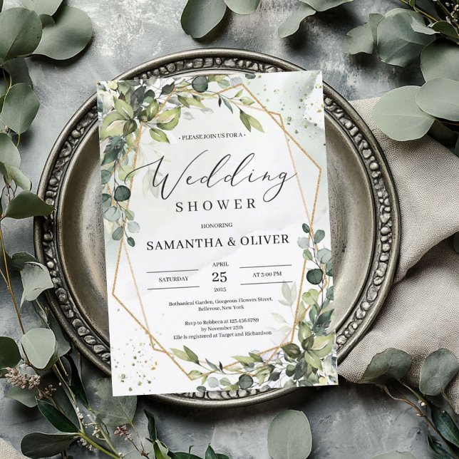 Invitación Boho vegetación follaje dorado ducha de matrimonio (Boho greenery foliage gold frame wedding shower invitation)