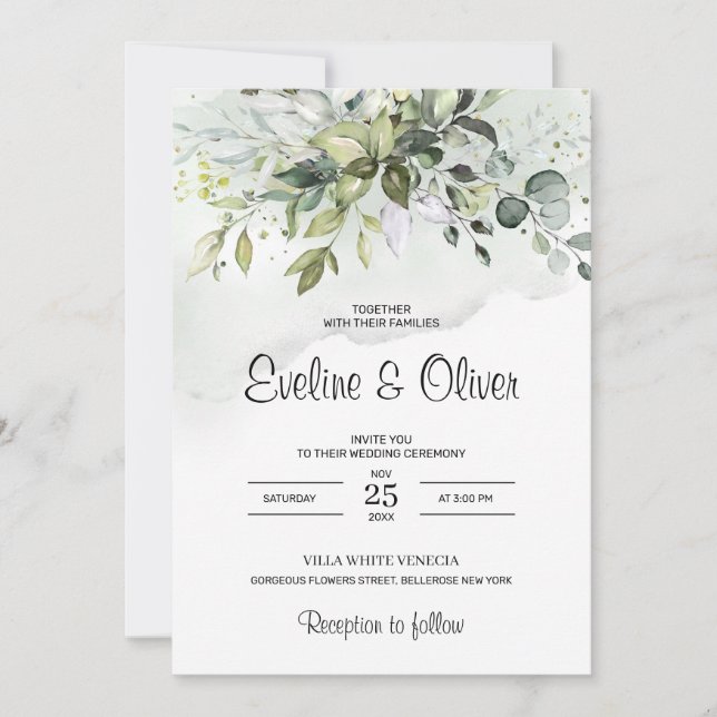 Invitación Boho vegetación follaje eucalipto boda pastel (Anverso)