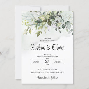 Invitación Boho vegetación follaje eucalipto boda pastel