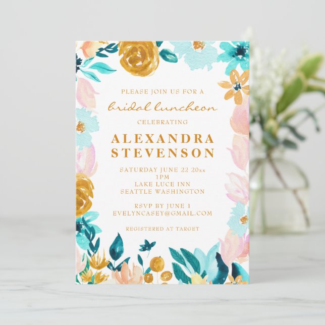 Invitación Boho Verde azulado acuarela Floral Bridal Luncheon (Anverso de pie)