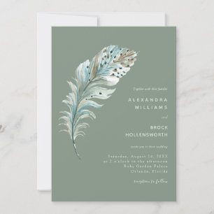 Invitación Boho Verde azulado Blue Feather Minimal Sage Green