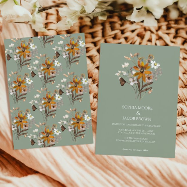 Invitación Boho Verde de Flor Silvestre Boho Boda Caída (Subido por el creador)