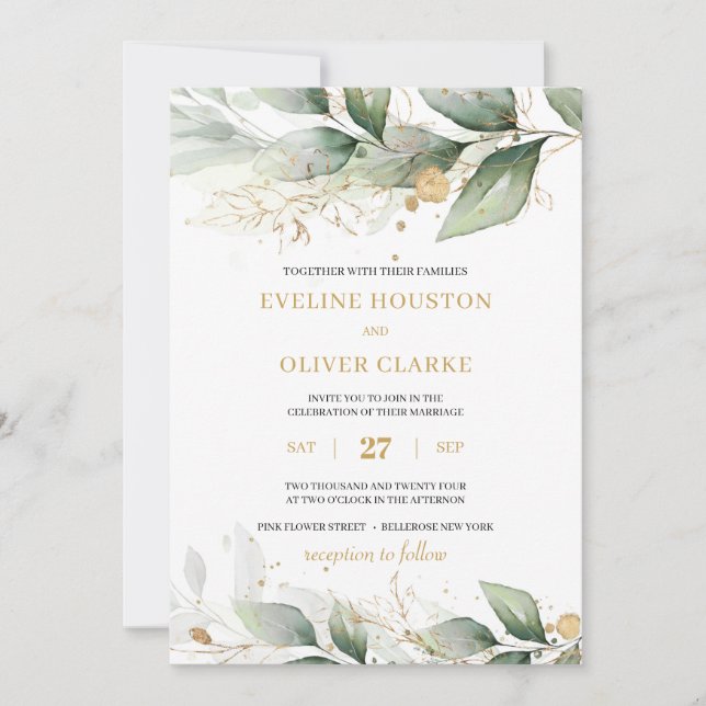 Invitación Boho verde eucalipto deja boda de oro (Anverso)