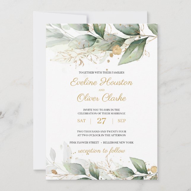 Invitación Boho verde eucalipto deja boda de oro (Anverso)