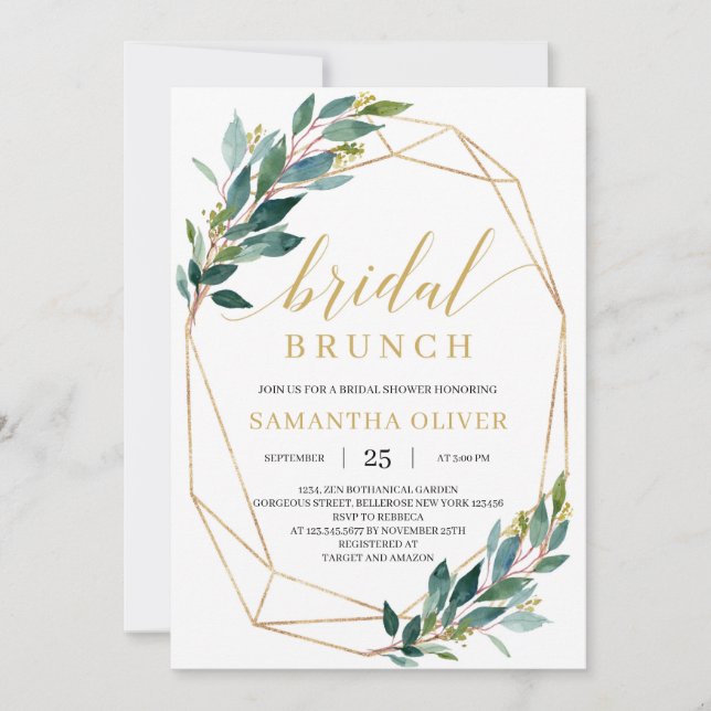 Invitación Boho verde eucalipto marco dorado brunch novia (Anverso)