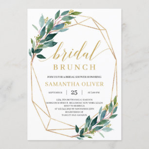 Invitación Boho verde eucalipto marco dorado brunch novia