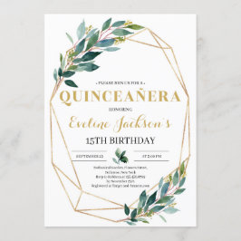 Invitación Boho verde eucalipto oro quinceanera