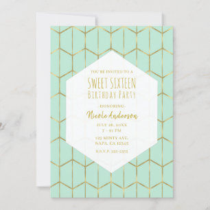 Invitación Boho Verde Menta Hexágono Dorado Geométrico Dulces