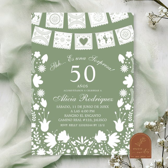 Invitación Boho Verde Oliva Talavera Sorpresa Mexicana Cumple (Subido por el creador)