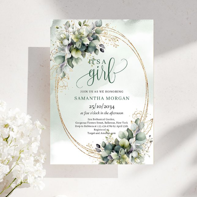 Invitación Boho Verde Polvoriento Hojas de Eucalipto Es Una N (Boho Dusty Green Eucalyptus Leaves Style It’s A Girl Invite)