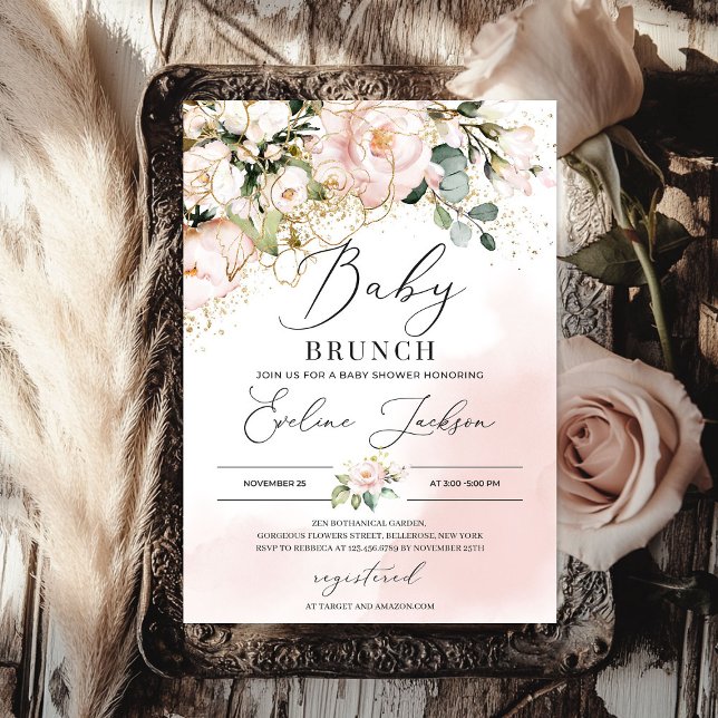 Invitación Boho verde ruidoso dorado floral rosa bebé brunch (Boho greenery blush pink floral gold baby brunch invitation)