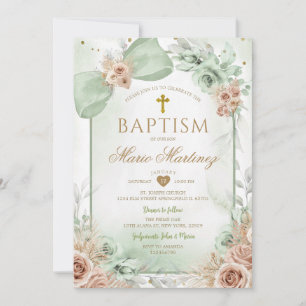 Invitación Boho Verde Sage Floral Niño Cruz Dorada Santo Baut