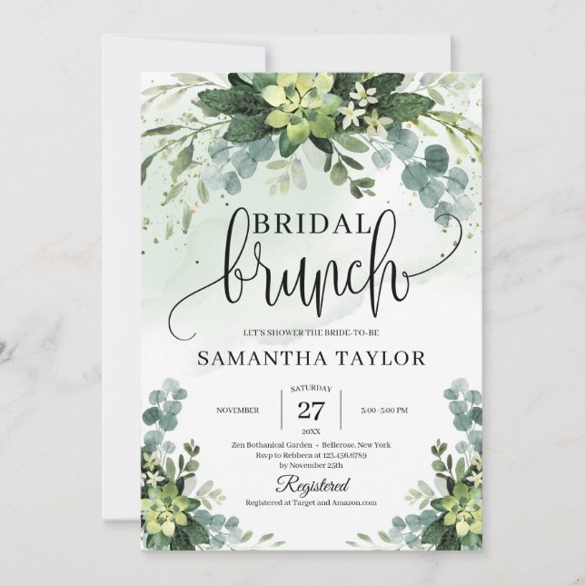 Invitación Boho verde succulento follaje brunch de novia (Anverso)