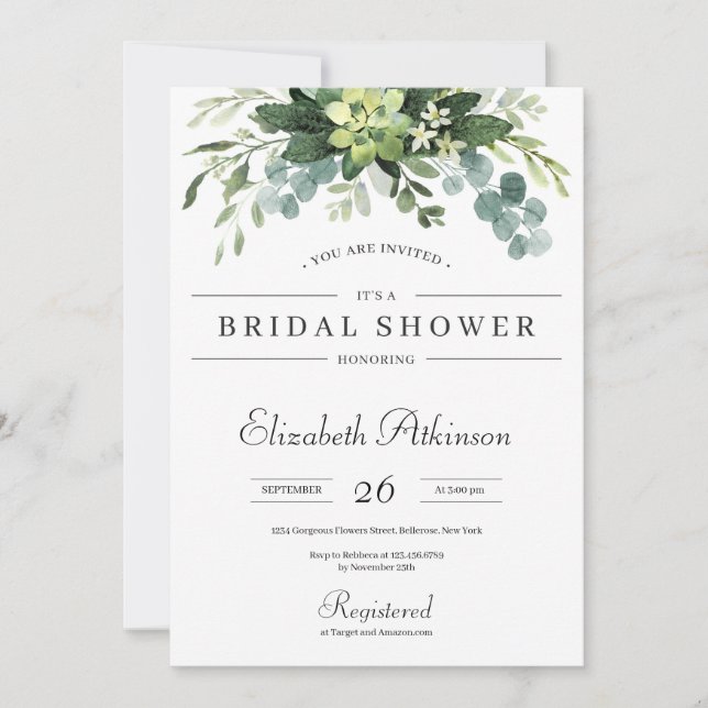 Invitación Boho verde suculento eucalipto floral novia (Anverso)