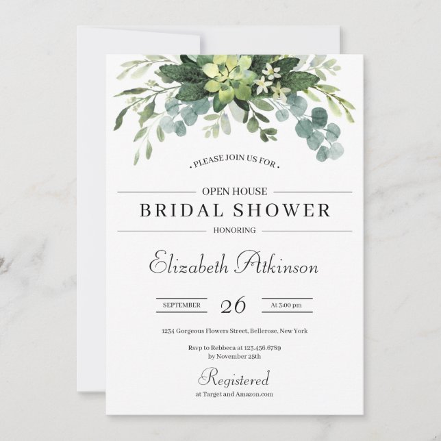Invitación Boho verde suculento eucalipto floral novia i (Anverso)